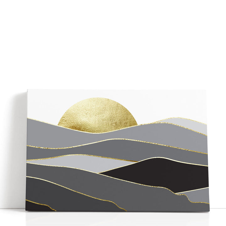 Grey wall art with gold circle and black waves