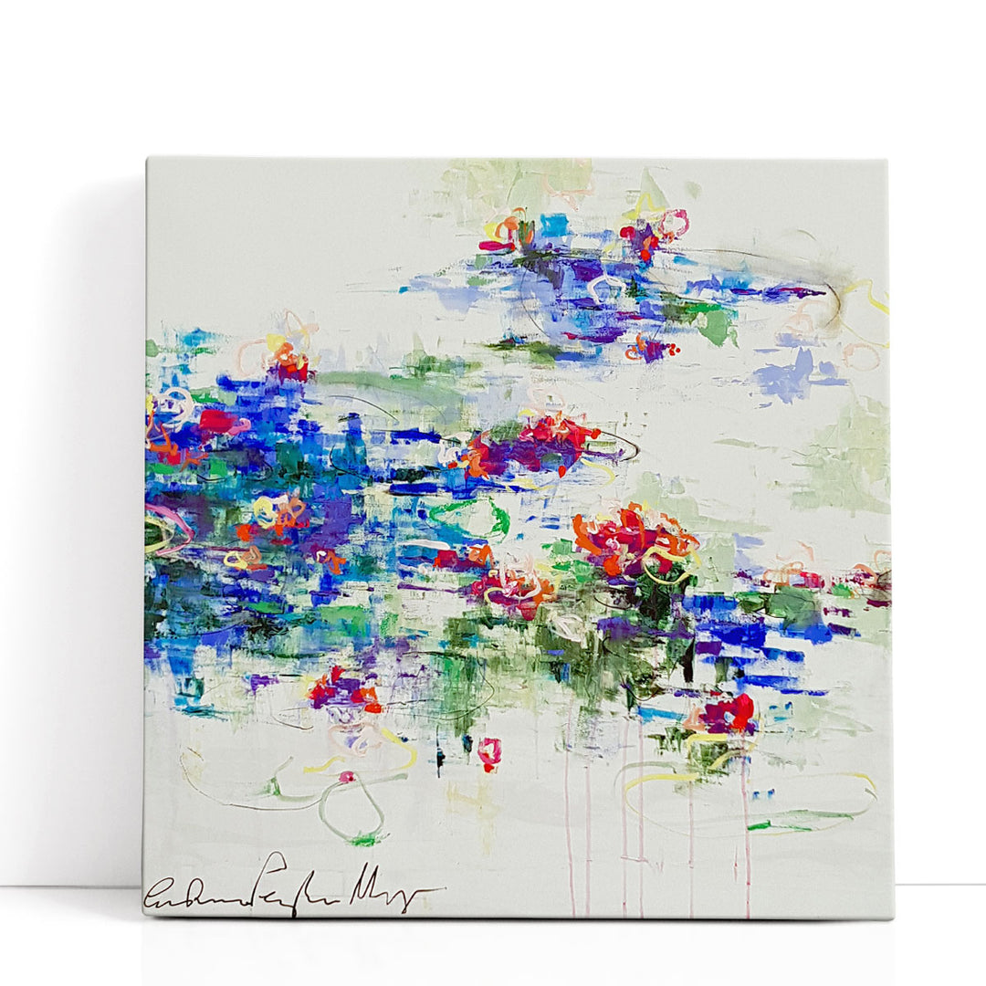 Floral abstract art with green and blue brushstrokes