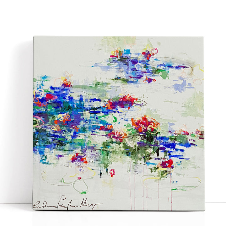 Floral abstract art with green and blue brushstrokes