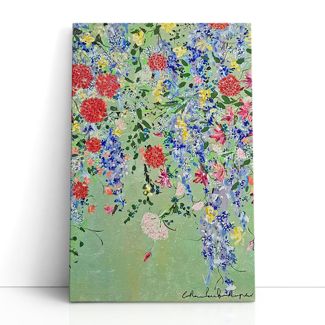Flower wall painting with red and blue floral strokes