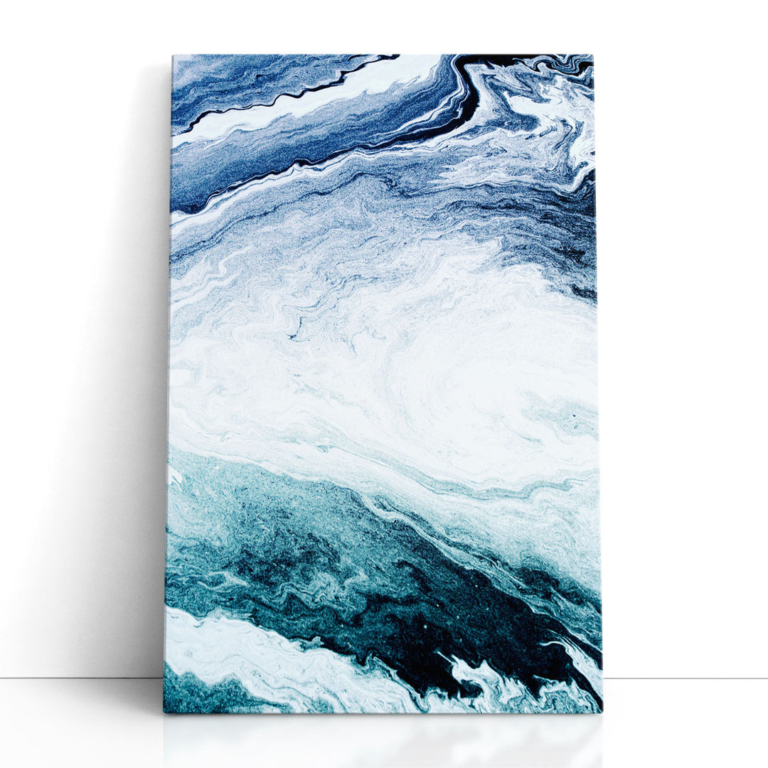White abstract painting with blue strokes