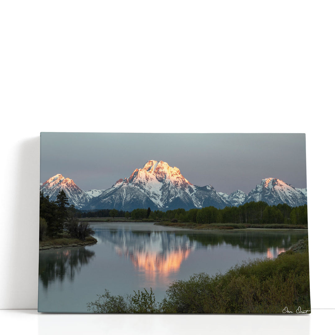 Mountain canvas art, gray peaks and calm lake