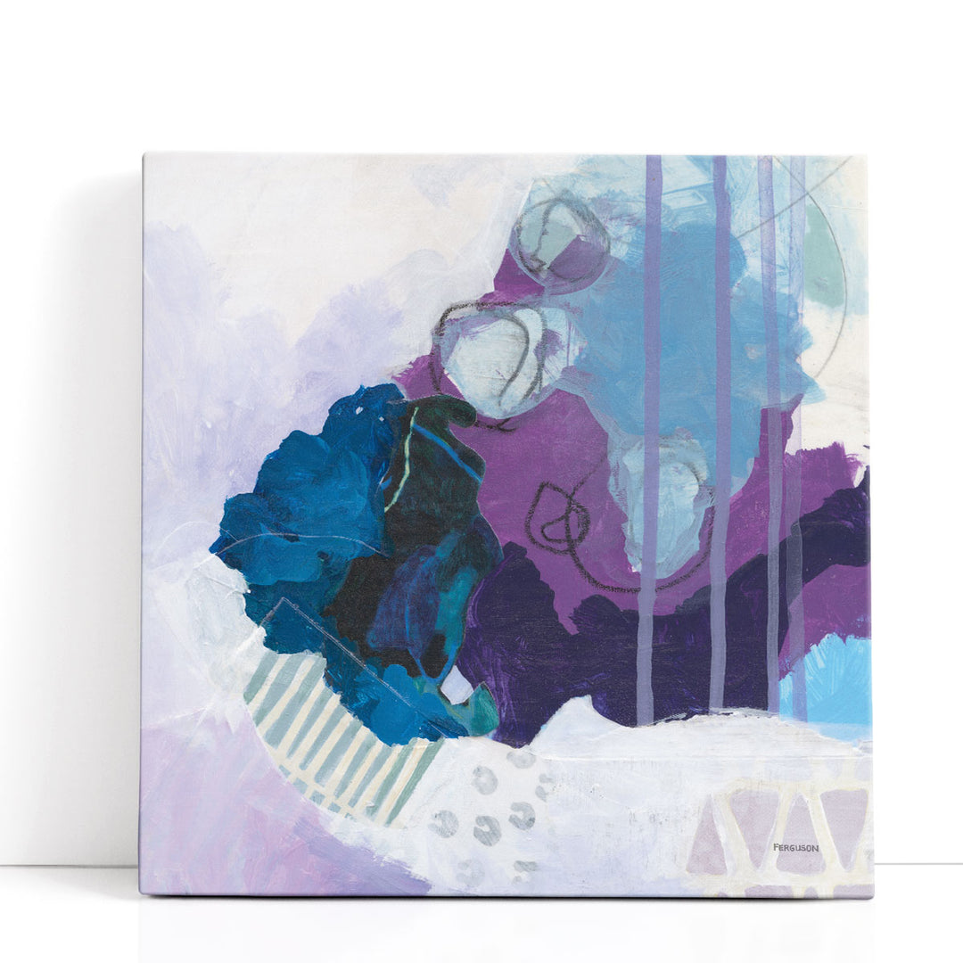 Purple abstract painting with layered brushstrokes