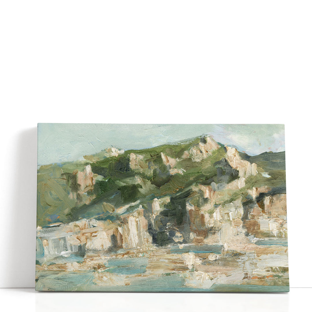 Abstract mountain art with green and neutral tones