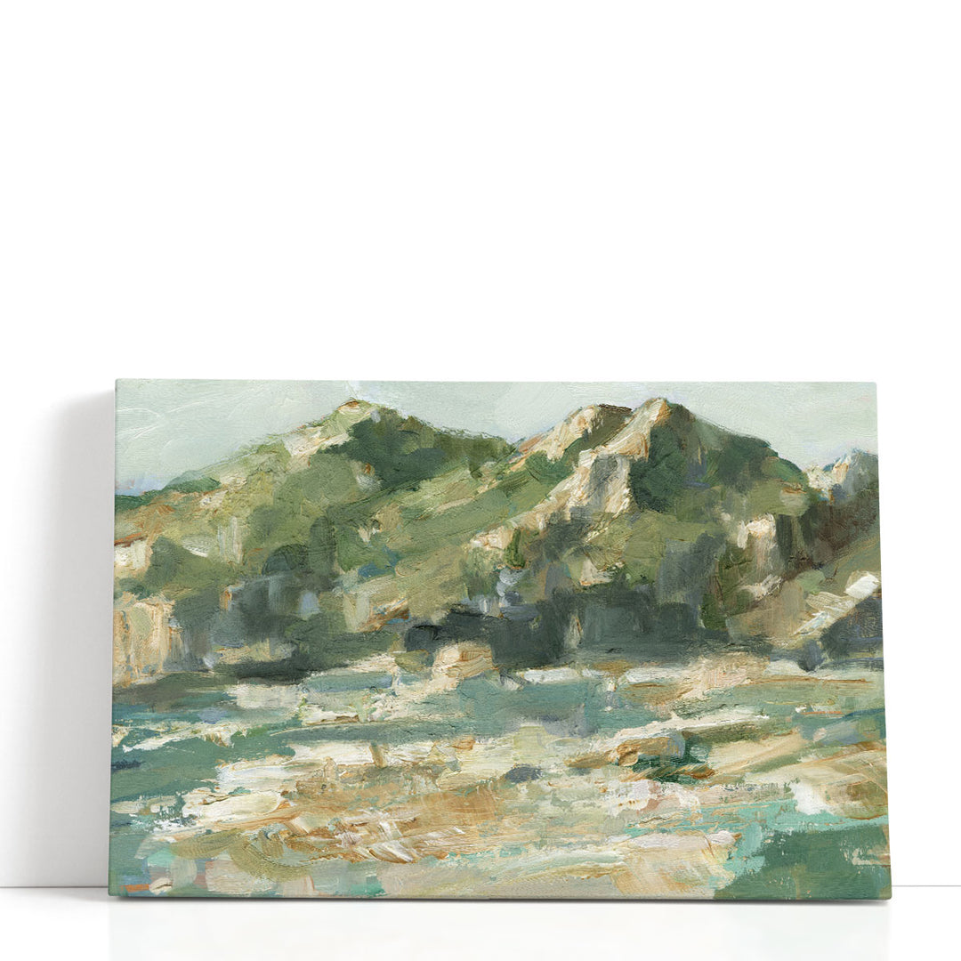 Abstract rock wall art with layered landscape view