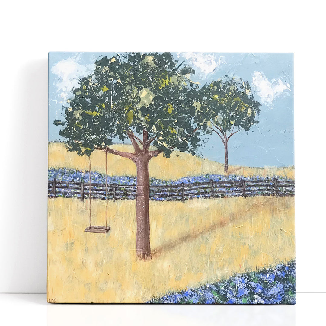 Green tree wall art with abstract landscape design