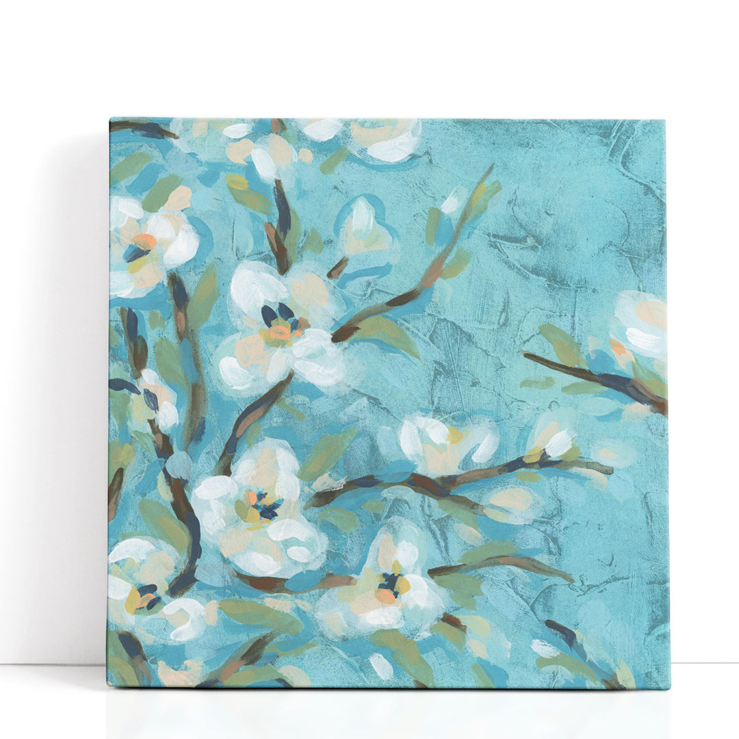 Floral abstract art with white flowers on blue