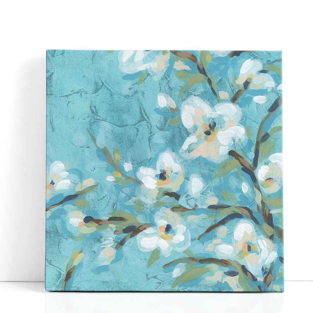 Blue abstract art with white floral details