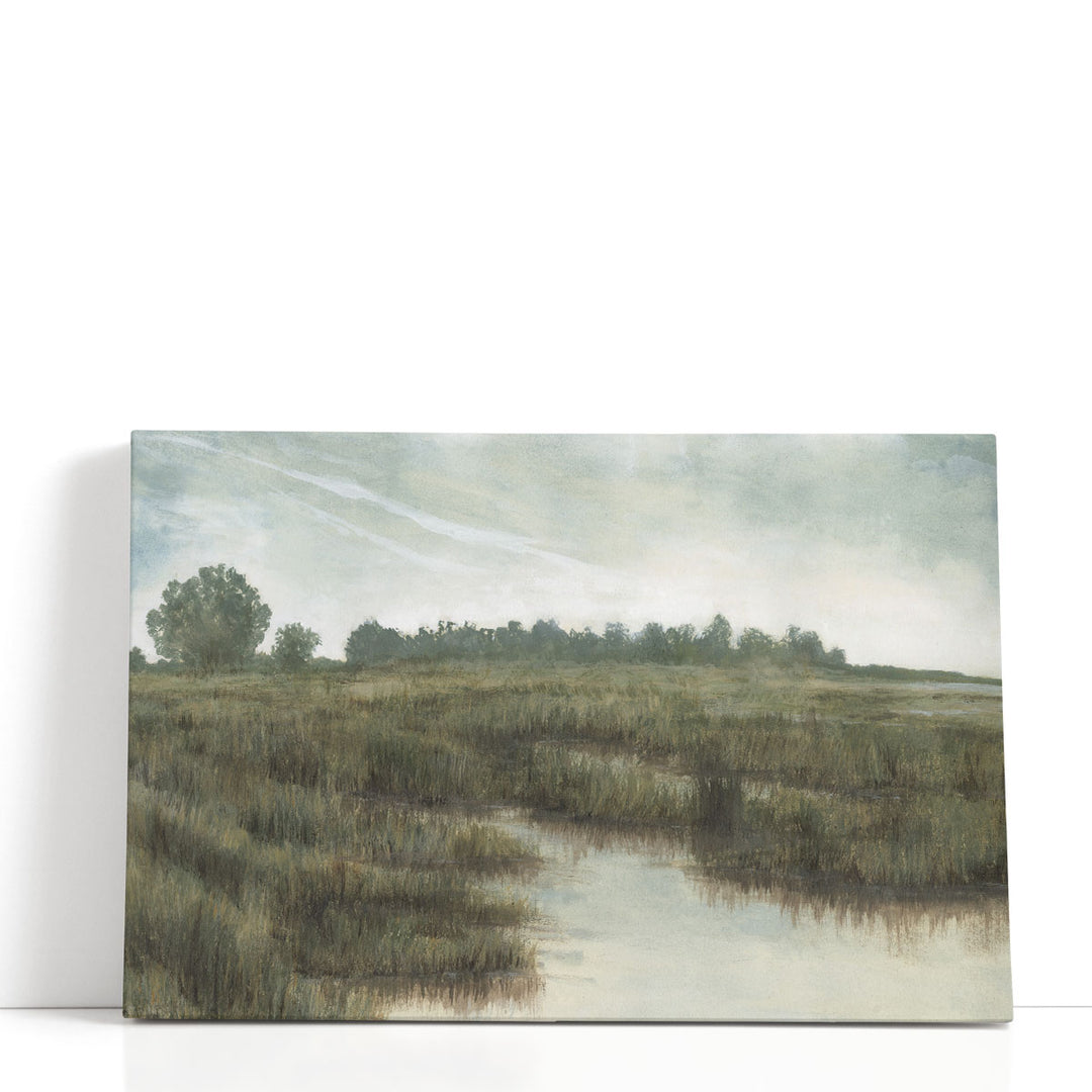 Neutral landscape canvas art with grassy field