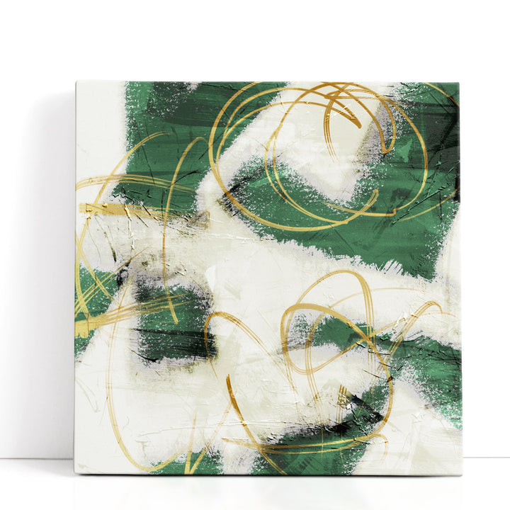 Abstract wall painting with green and mustard lines
