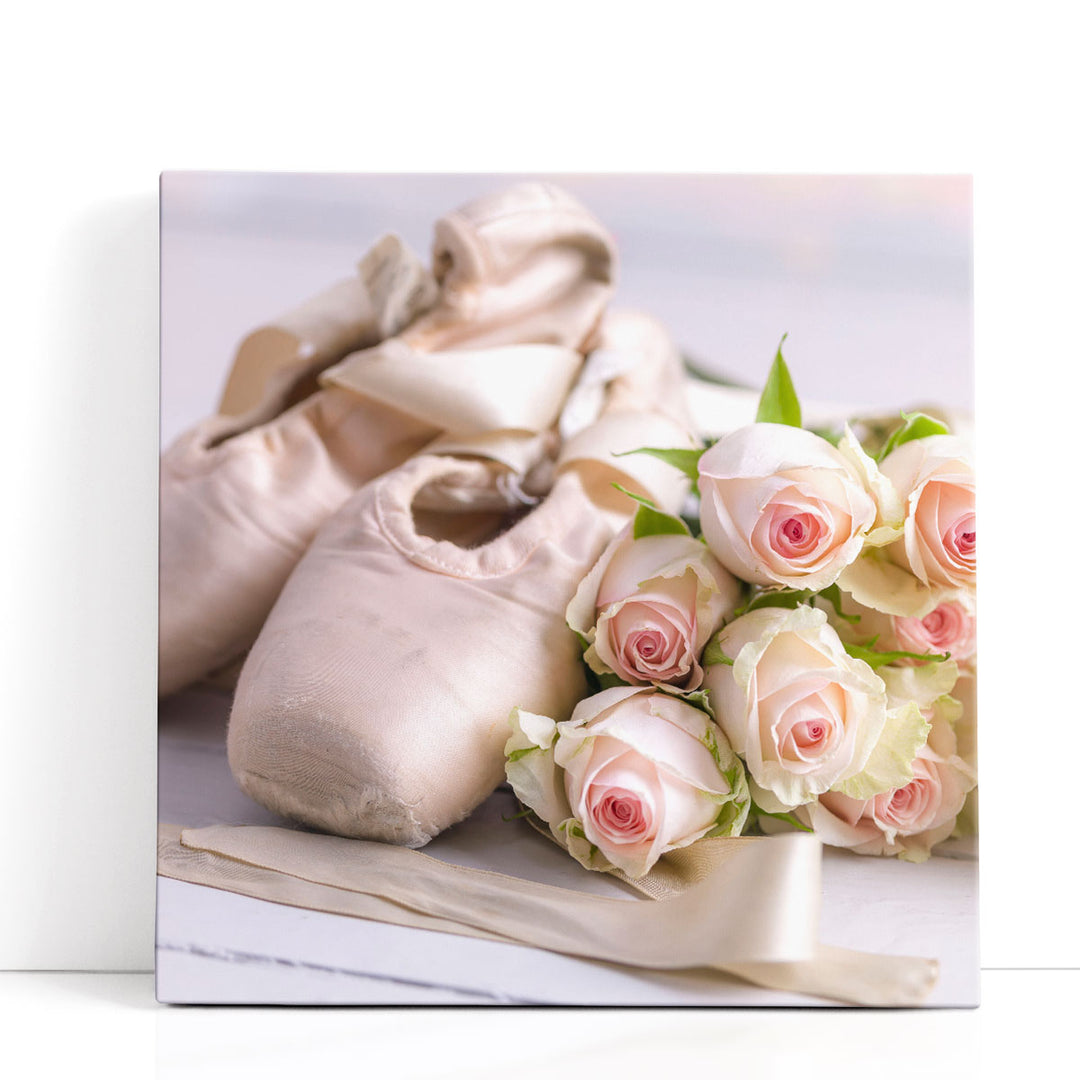 Ballet Slippers with Bunch of Roses on the Floor - Canvas Print Wall Art