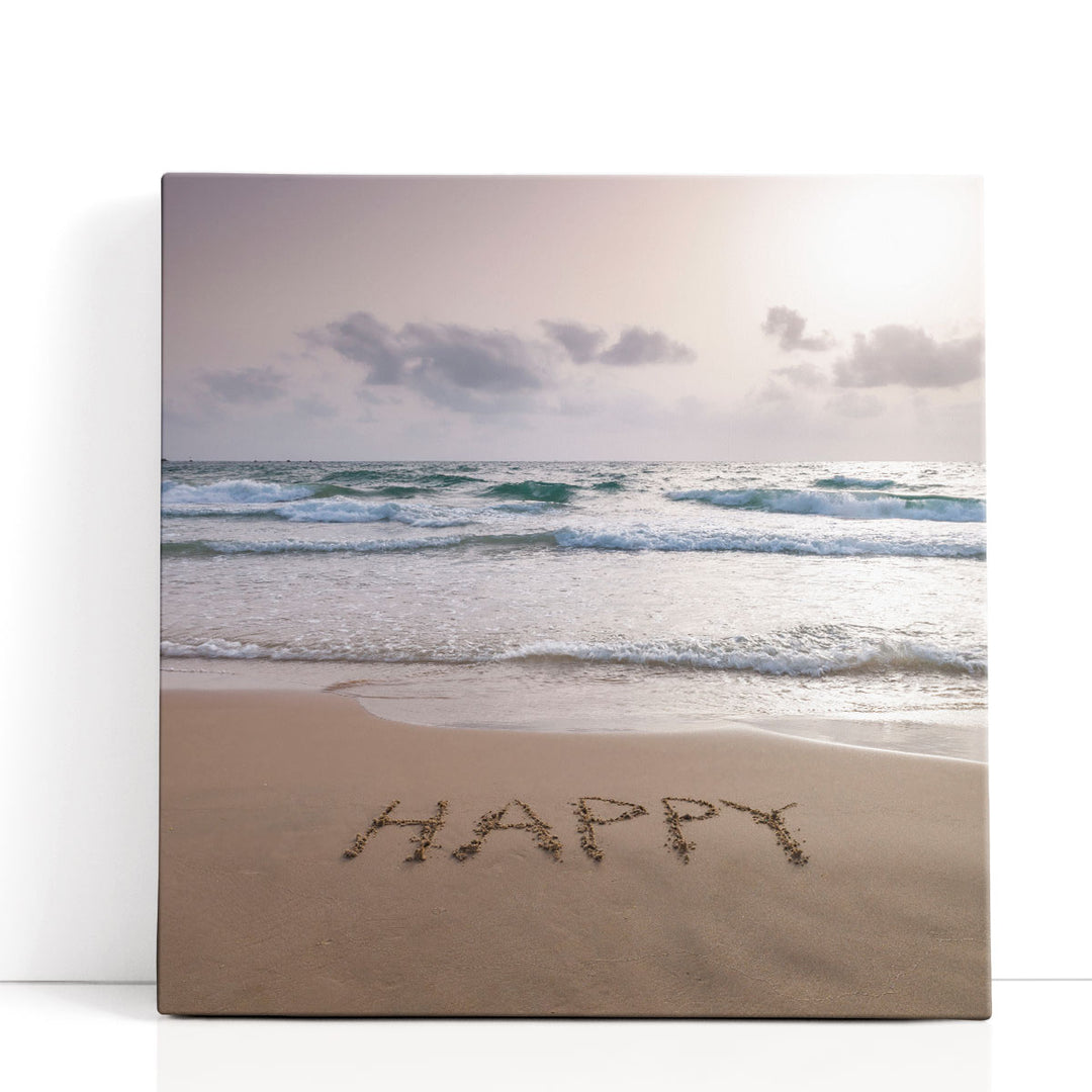 Happy Written on Beach - Canvas Print Wall Art