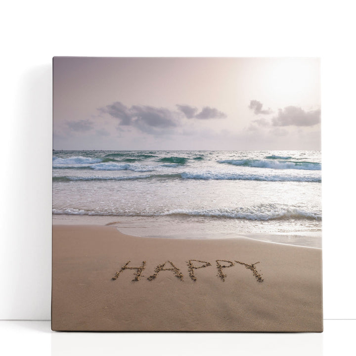 Happy Written on Beach - Canvas Print Wall Art