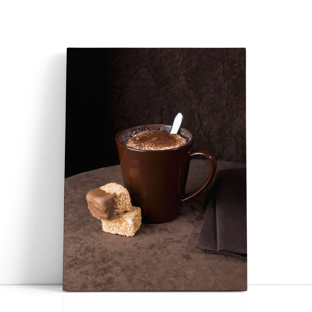 Coffee canvas art – steaming cup on countertop