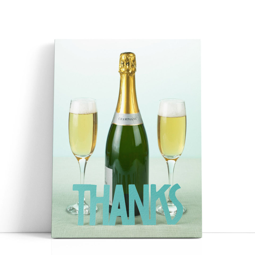 champagne wall art – bottle and two glasses with “thanks”