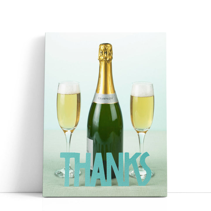 champagne wall art – bottle and two glasses with “thanks”