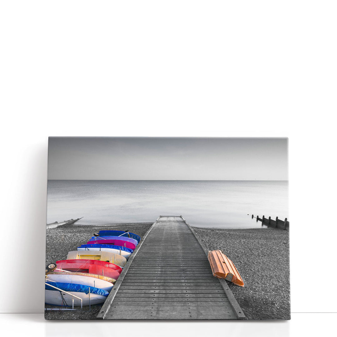 Kayaks On The Side Of Pier - Canvas Print Wall Art
