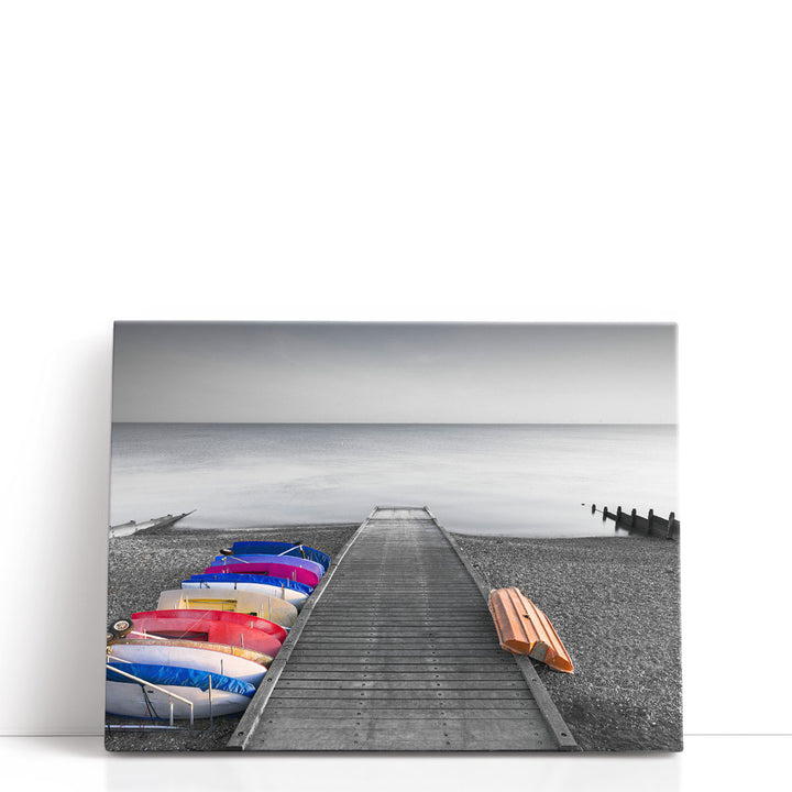 Kayaks On The Side Of Pier - Canvas Print Wall Art