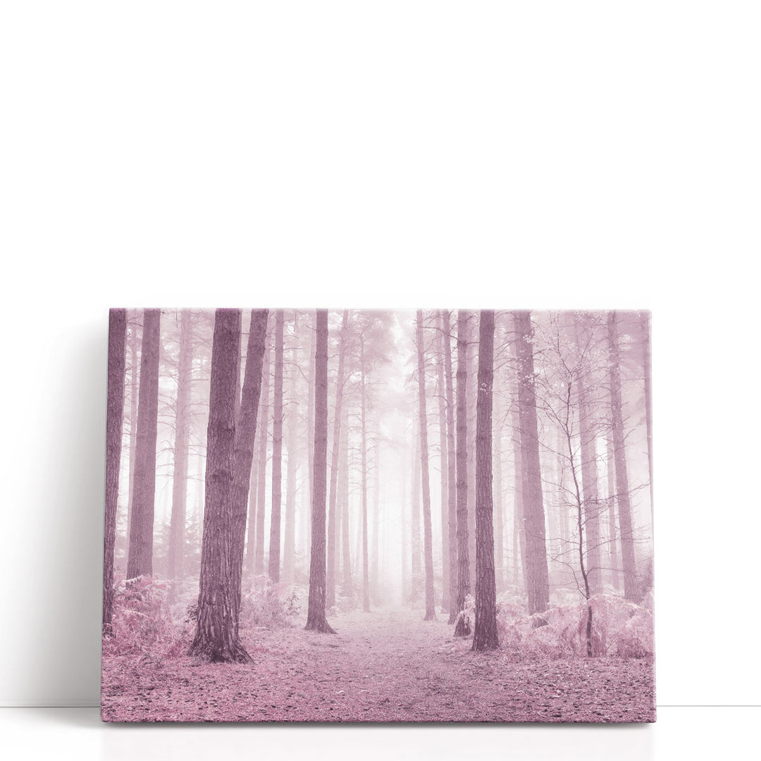 Misty tree canvas art with soft pink hues