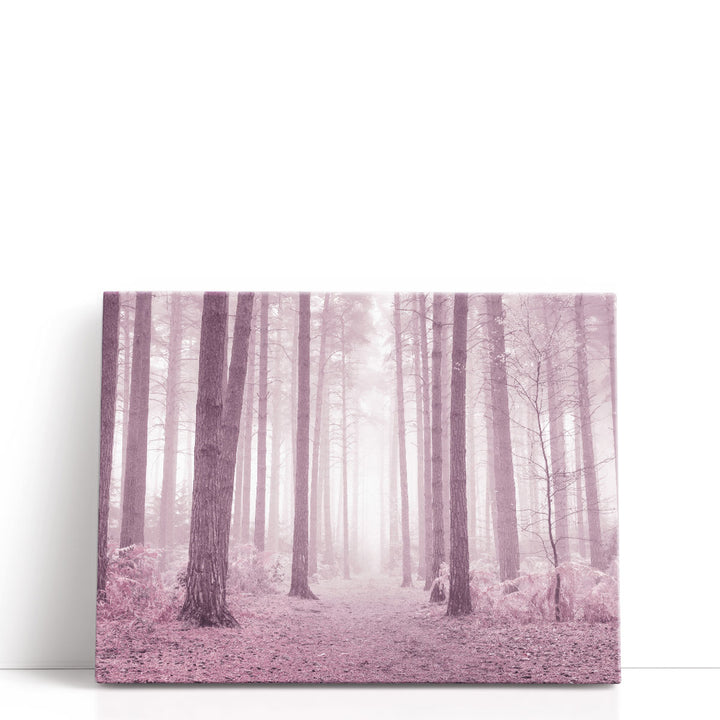 Misty tree canvas art with soft pink hues