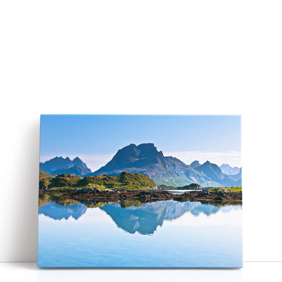 Mountain wall decor with blue lake reflection