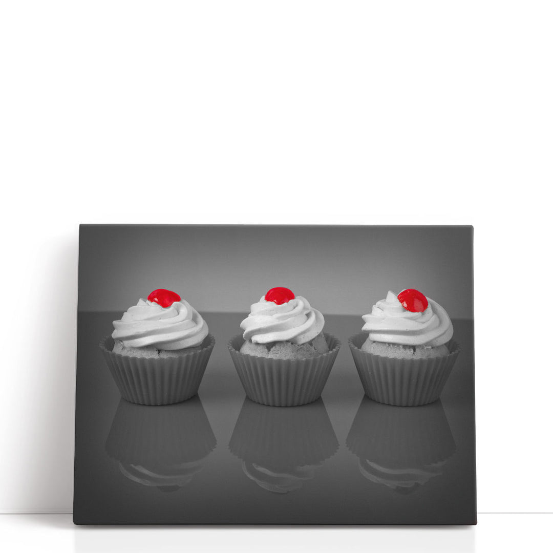 gray canvas wall art – trio of frosted cupcakes