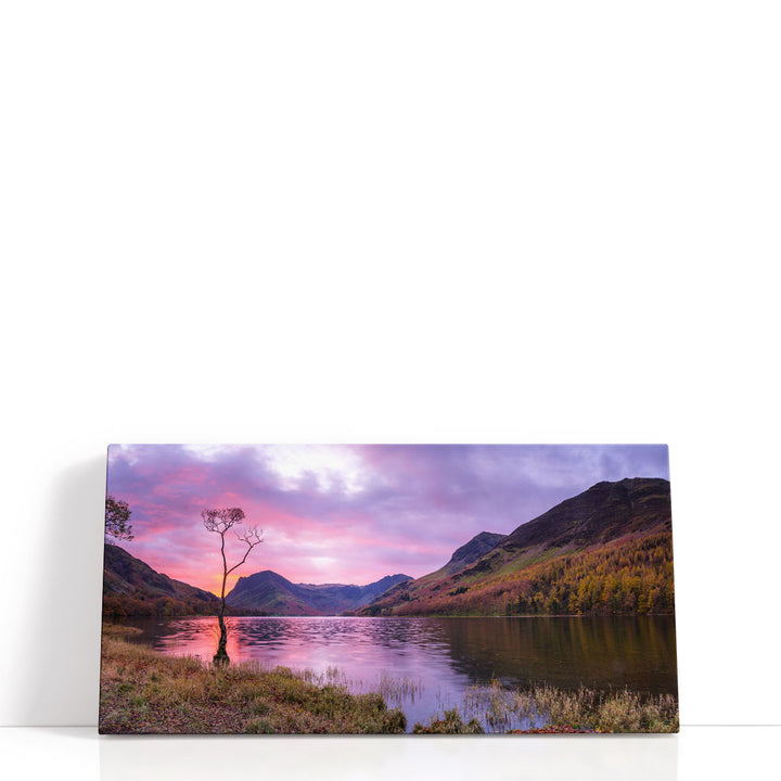Lake wall art with hills and soft reflection