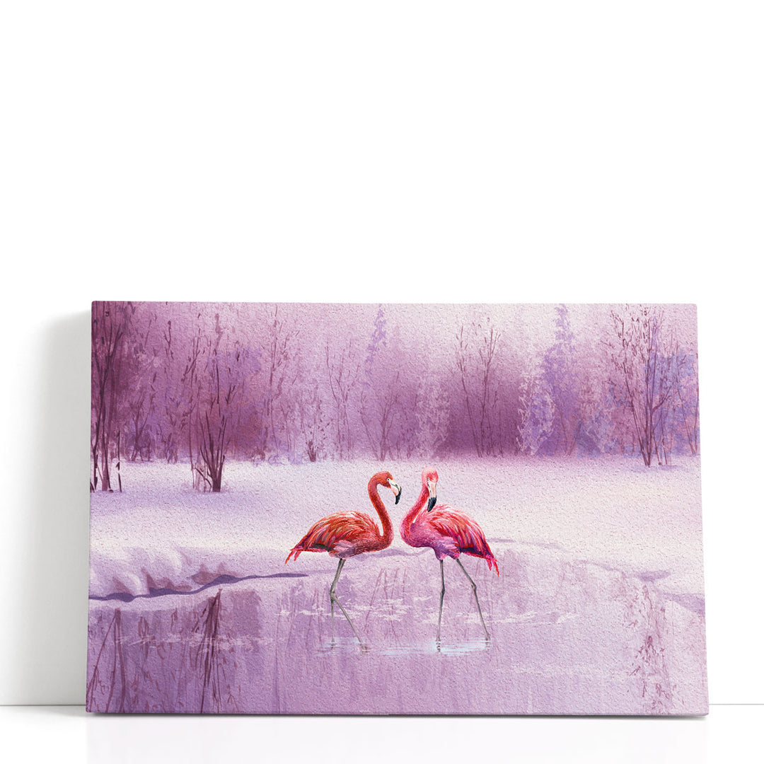 A Pair of Pink Flamingos in a Pond - Canvas Print Wall Art