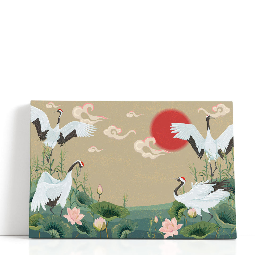 Japanese Style Art Painting, Cranes at Sunset - Canvas Print Wall Art