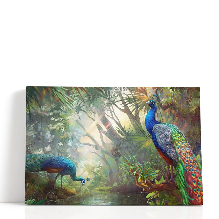 Peacock Duo In the Forest - Canvas Print Wall Art