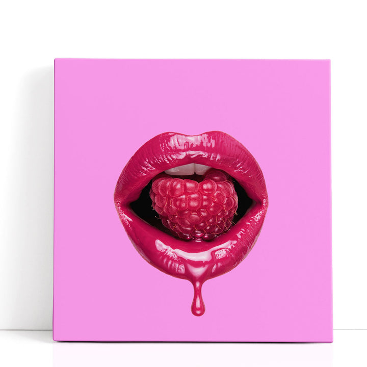 Red Dripping Lips Biting Strawberry - Canvas Print Wall Art
