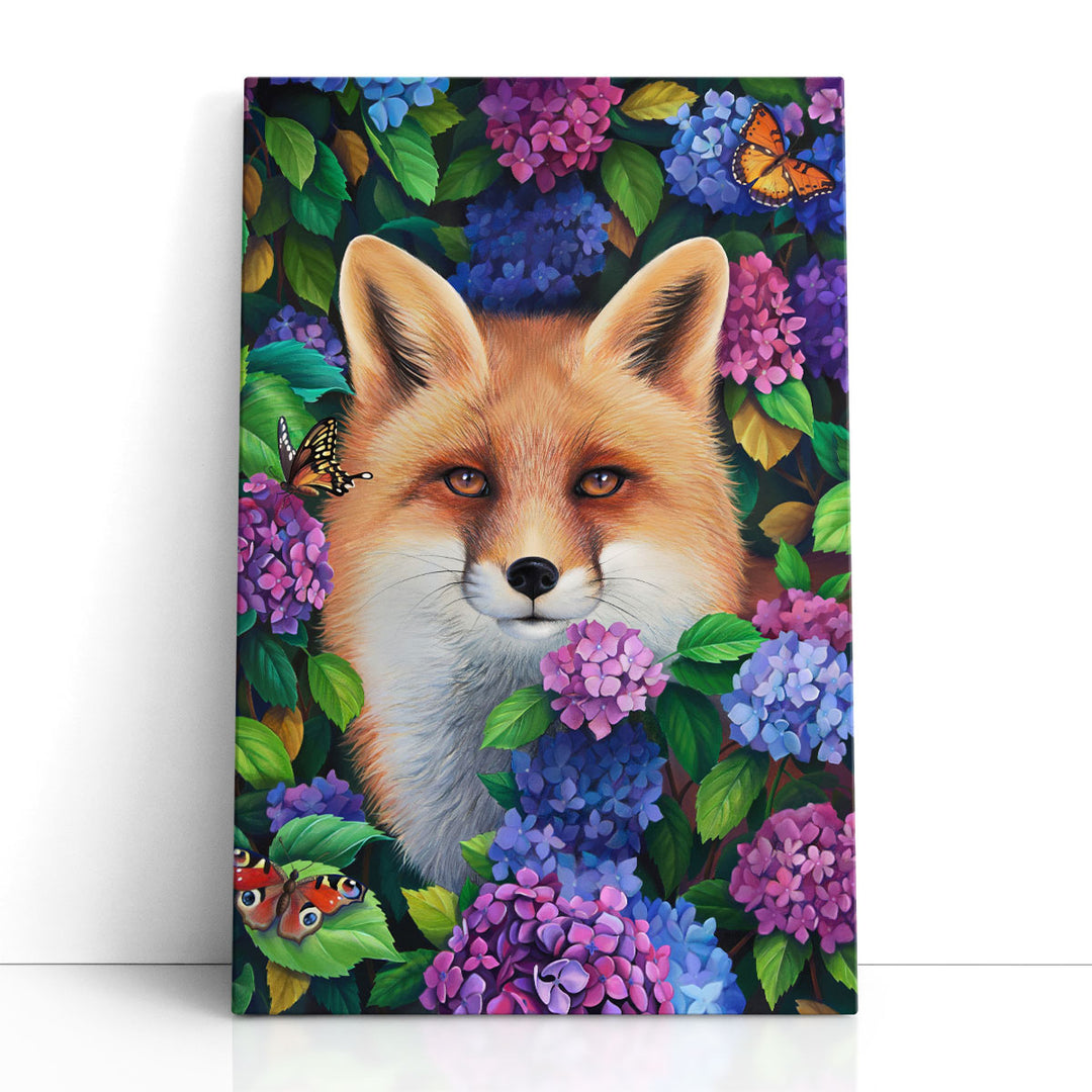 A Cute Fox In Hydrangea Flowers - Canvas Print Wall Art