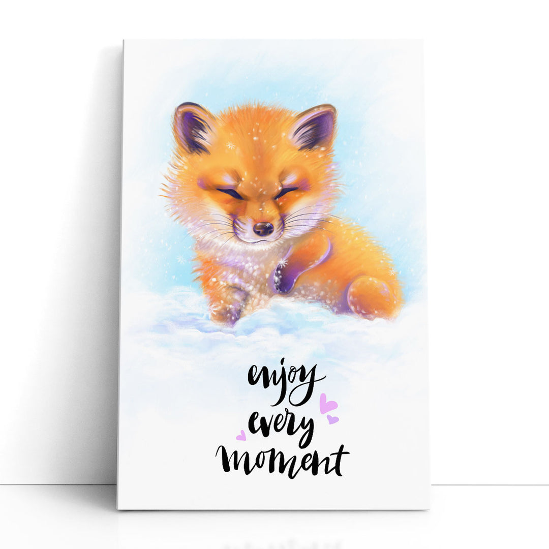 Enjoy Every Moment - Cute Baby Fox in the Snow - Canvas Print Wall Art
