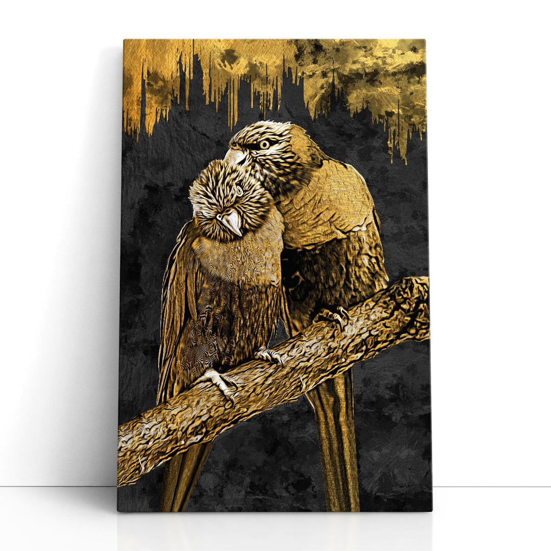 Gold Abstract of Two Parrots in Love - Canvas Print Wall Art