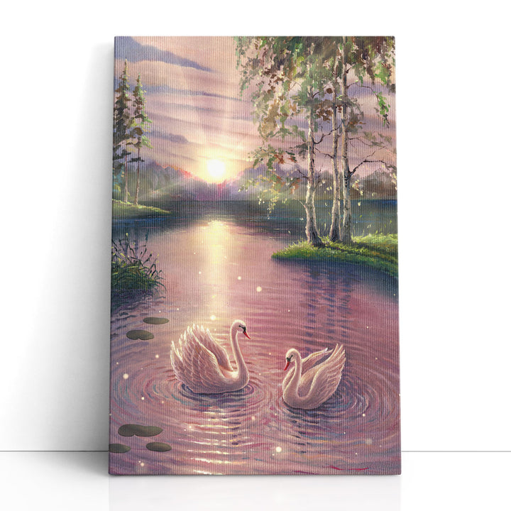Magical Lake With Swans at Sunrise - Canvas Print Wall Art