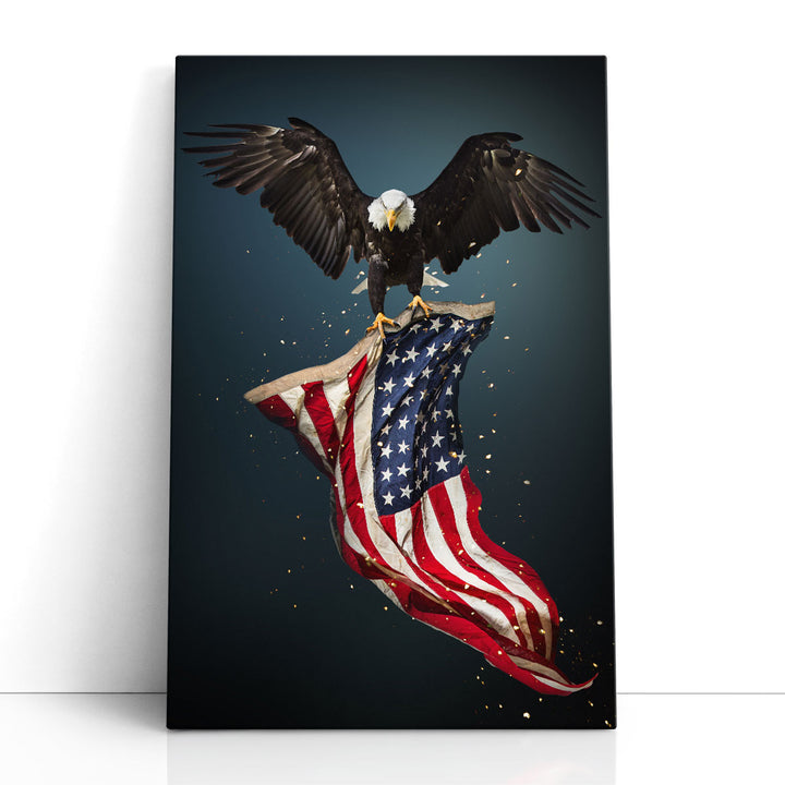 North American Eagle Flying With American Flag - Canvas Print Wall Art