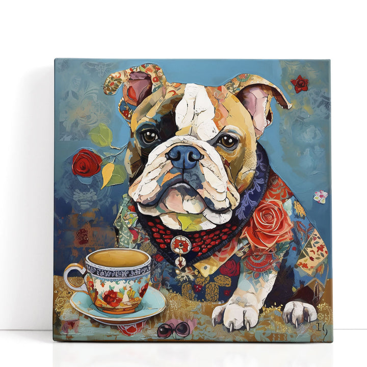 dog canvas prints – happy dog with coffee cup