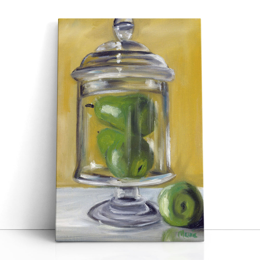 fruit wall art – pears in glass vessel
