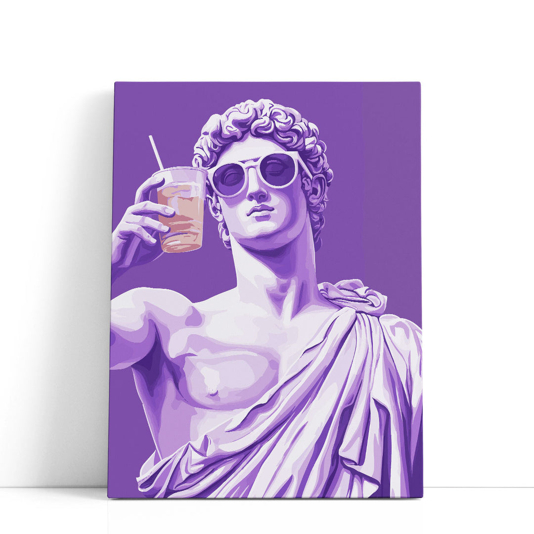 Greek statue in sunglasses holding cocktail