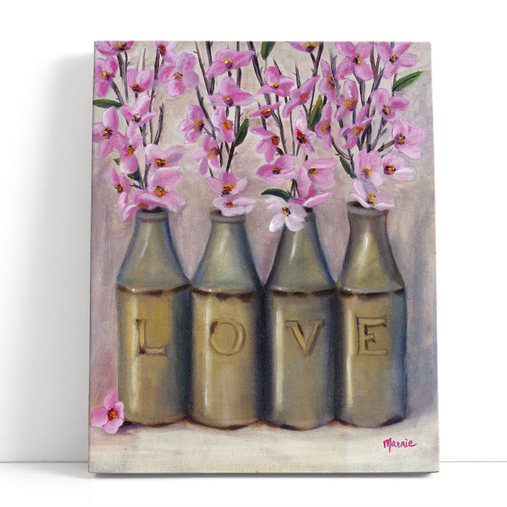 pink floral canvas wall art – soft pink blooms on neutral backdrop