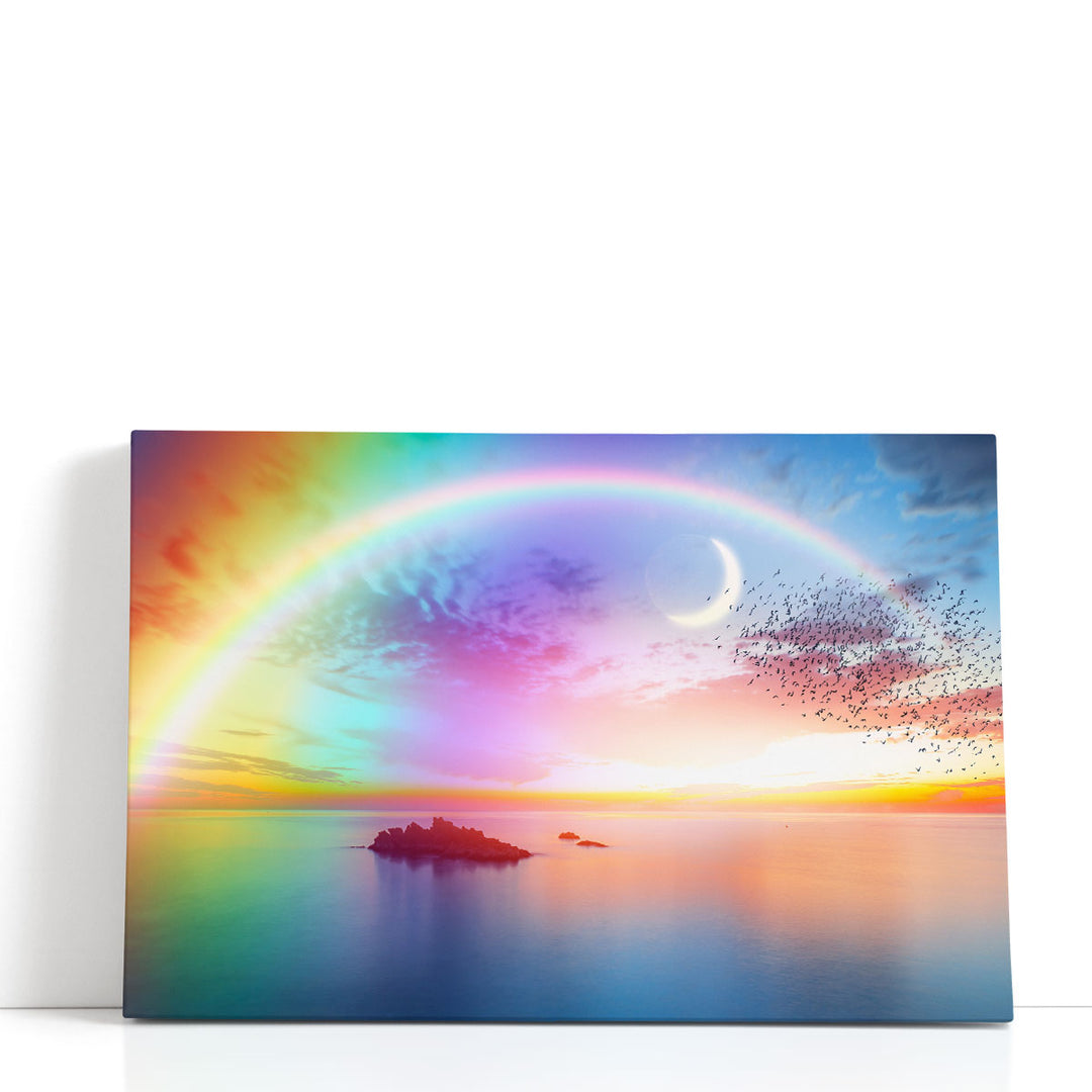 Beautiful Landscape With Rainbow, Sea and Birds - Canvas Print Wall Art