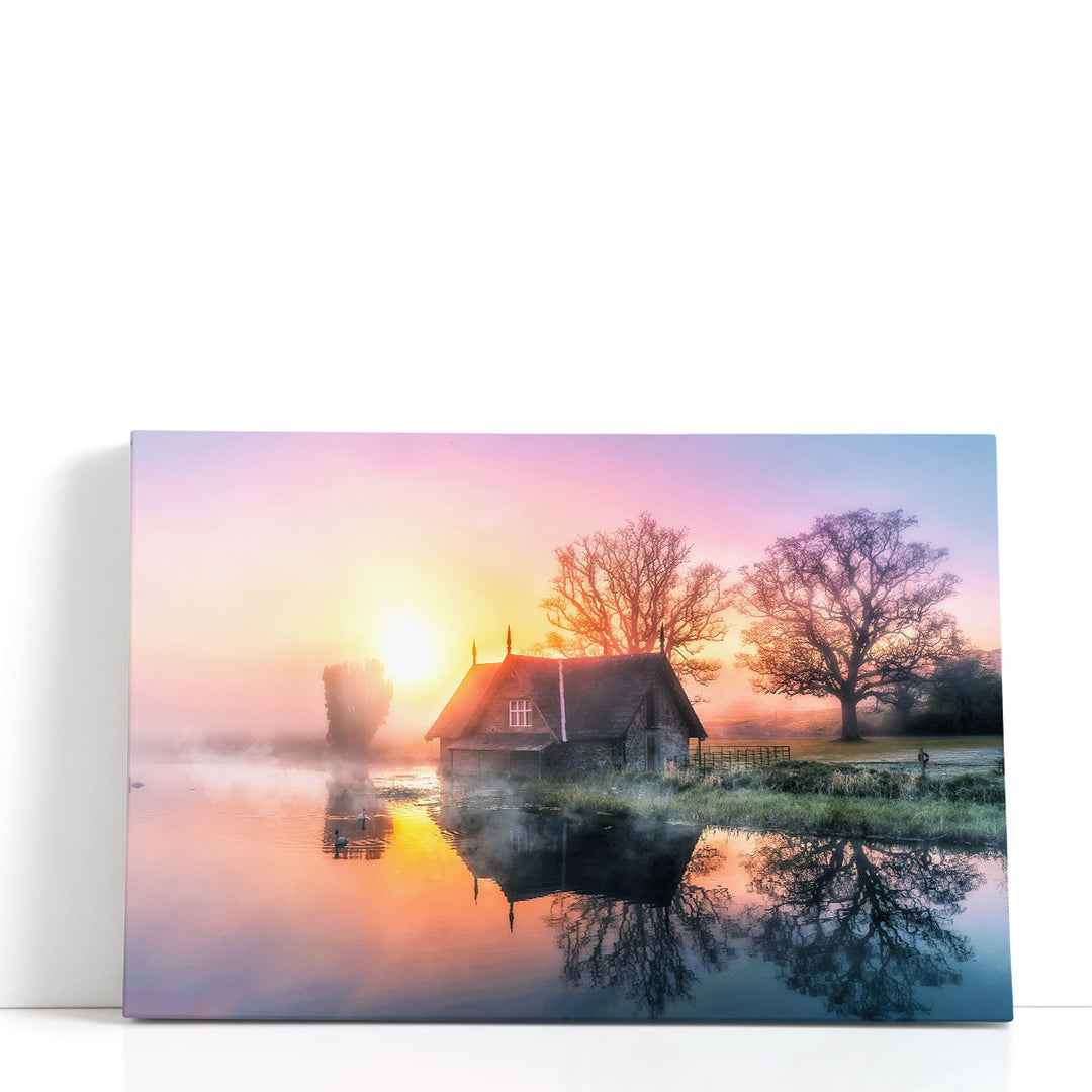 Lake house wall art with sunrise view