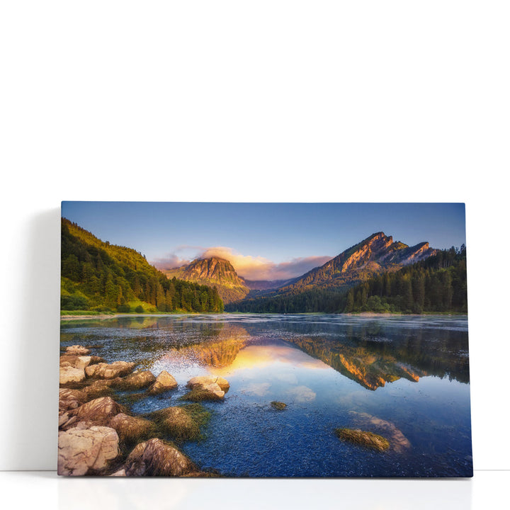 Sunset at Turquoise Lake Obersee, Swiss Alps, Europe - Canvas Print Wall Art