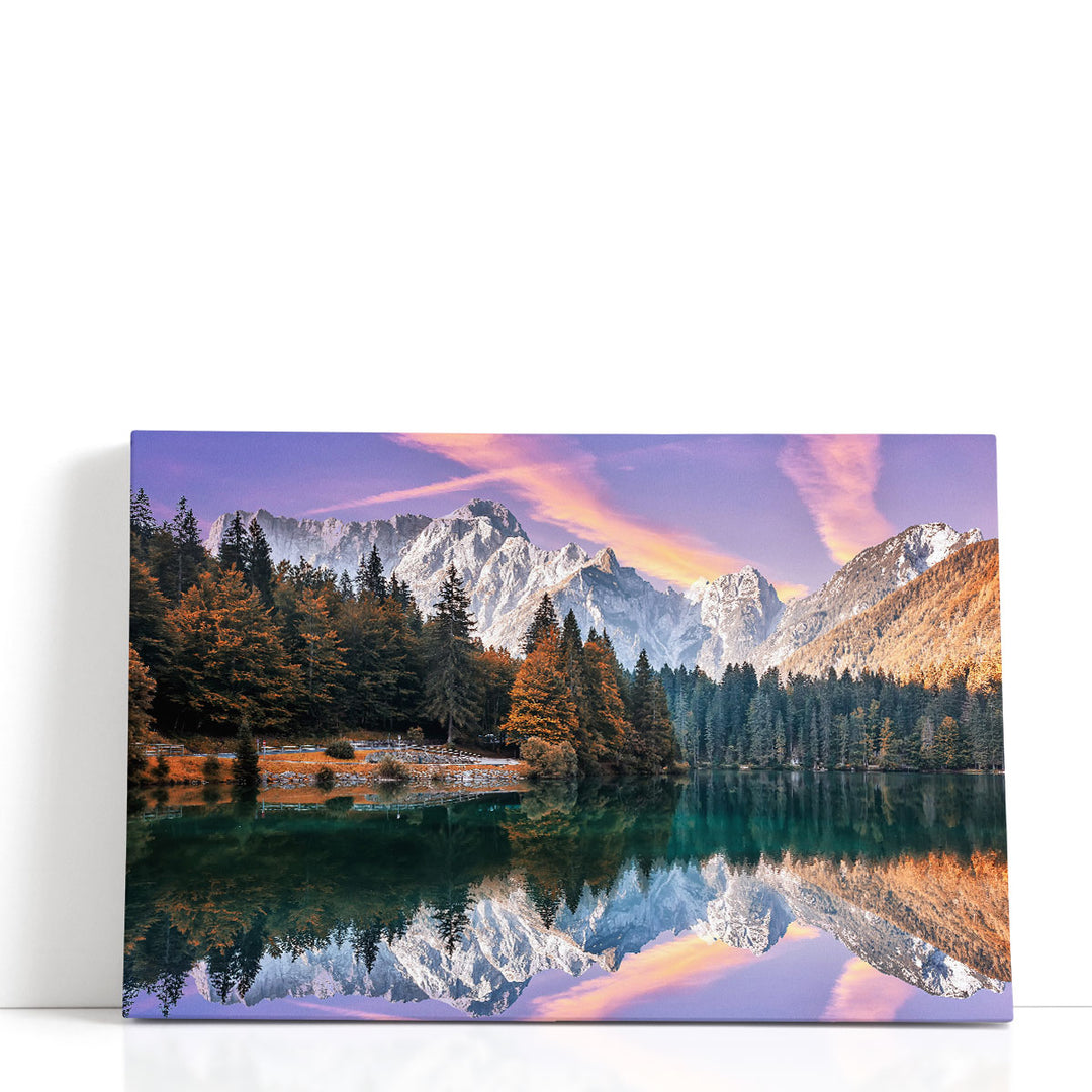 Autumn Landscape During Sunset At The Fusine Lake - Canvas Print Wall Art