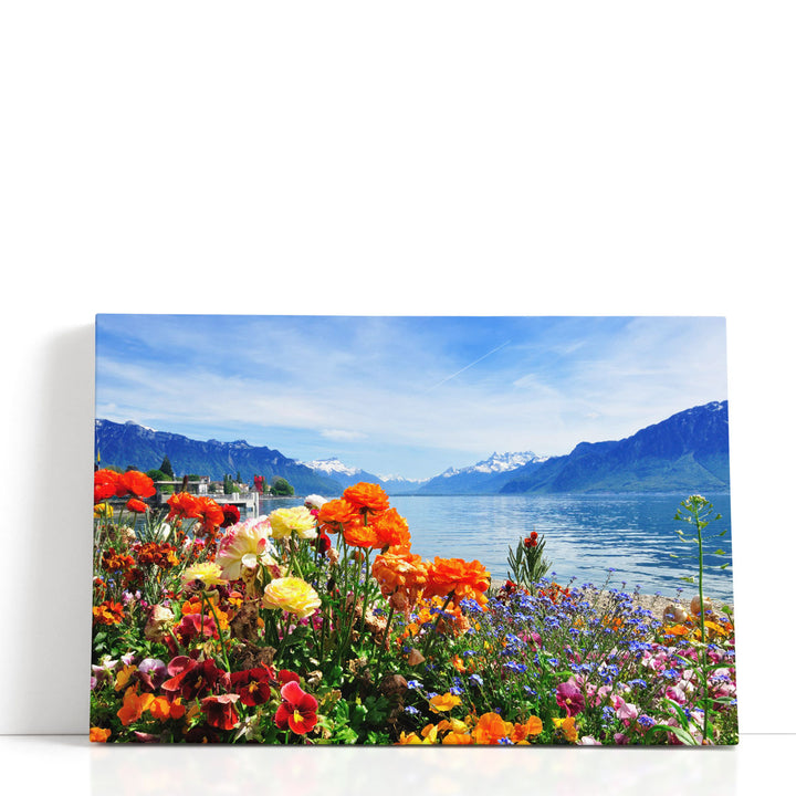 Colorful Flowers in Bloom Near Lakeshore - Canvas Print Wall Art