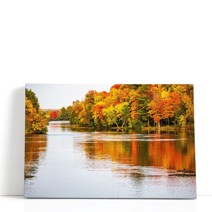Colorful Autumn Trees Reflecting off of the Wisconsin River in Merrill - Canvas Print Wall Art