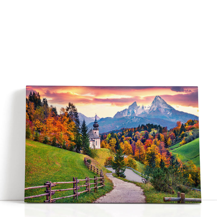 Scenic tree canvas art with evening sky and church