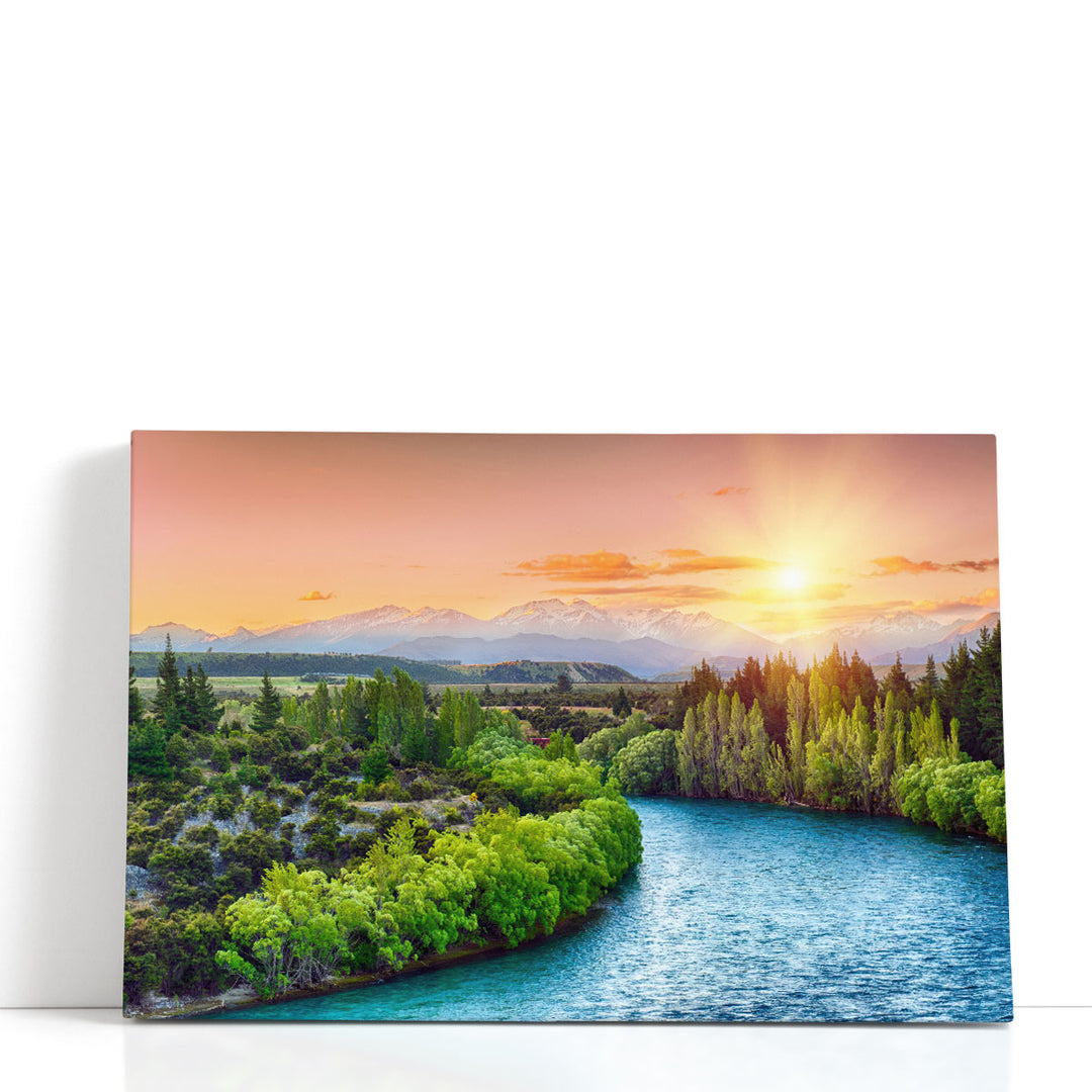 Sunset Over The Bend Of The River Clutha, Alps Peaks - Canvas Print Wall Art