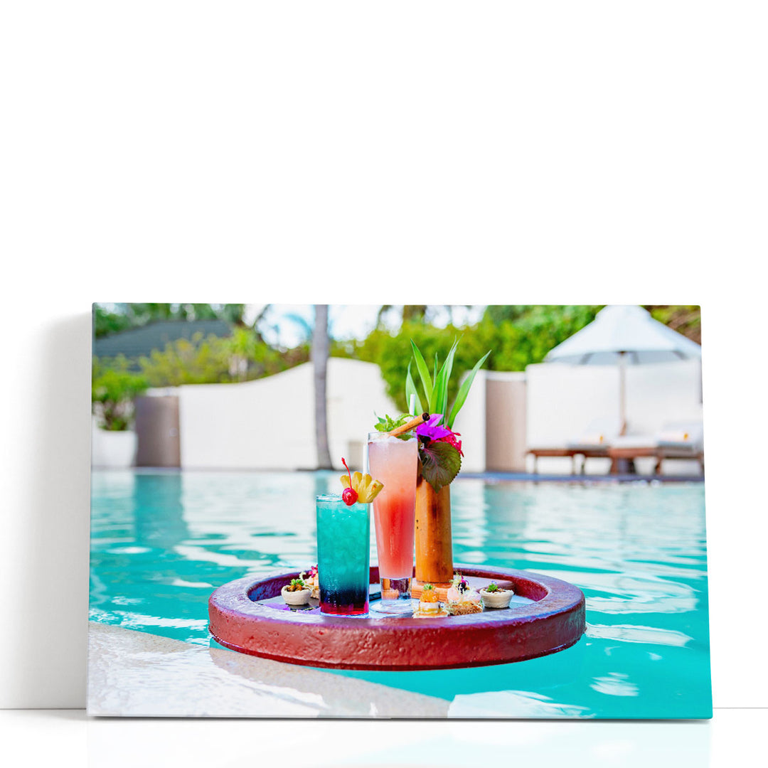 Floating Tray in Swimming Pool With Cocktails and Snacks - Canvas Print Wall Art