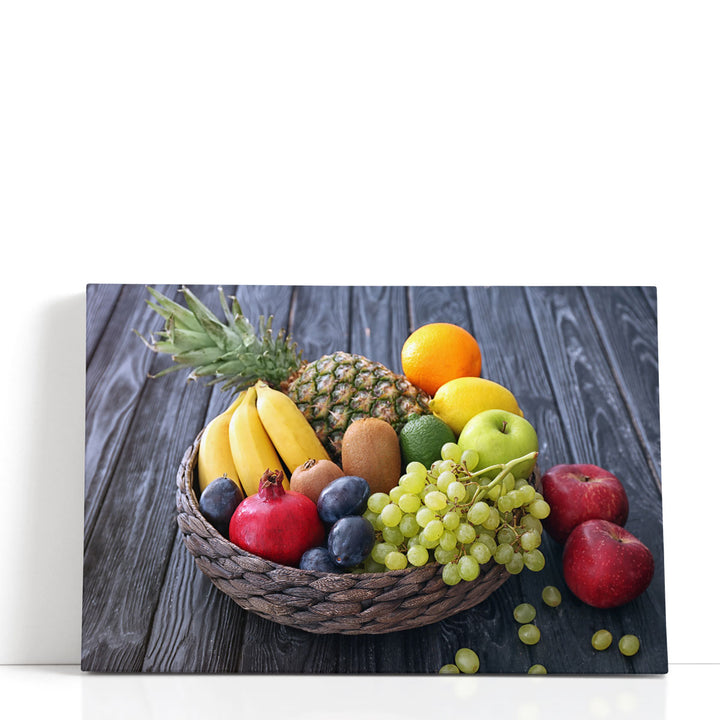 Fresh Fruits Basket On Wooden Table - Canvas Print Wall Art